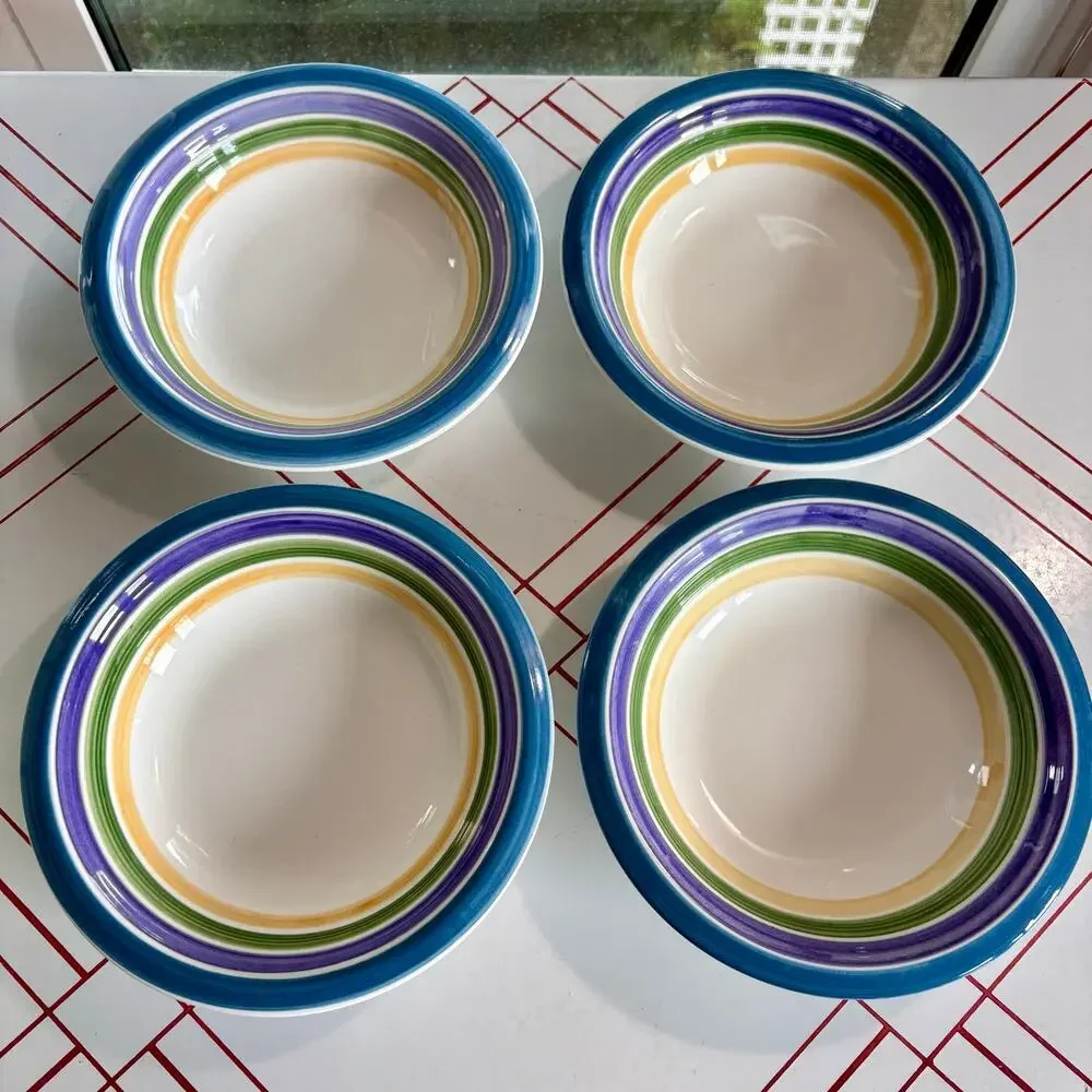 Vintage Gibson Candy Stripe Blue Purple and Green and Yellow Bowls Set of 4 8.25